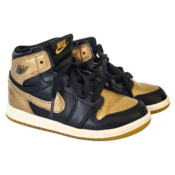 Nike AIR JORDAN 1 Retro High OG TD Black Metallic Gold Toddler 10C Hi Top Shoes - Picture 1 of 8
